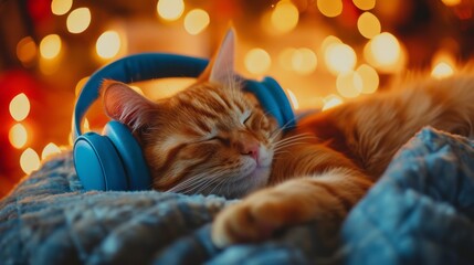 Sleeping cute ginger cat wearing blue headphones. The background is blurred consists of warm lights