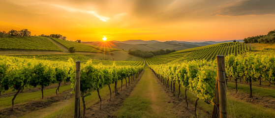 Fototapeta premium panoramic view of a summer vineyard at sunset. green vineyard rows at sunset