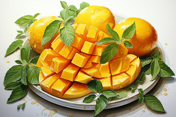Mango dessert with mint. Illustration on white background for restaurant menu - 724115308