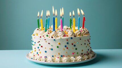 A delicious celebration cake with vibrant sprinkles and candles. Perfect for birthdays and special events