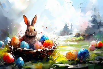 Whimsical easter bunny surrounded by colorful eggs in a beautiful blooming spring garden