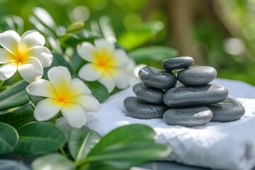 Black stones and white plumeria flowers on a white cloth with blurred green background