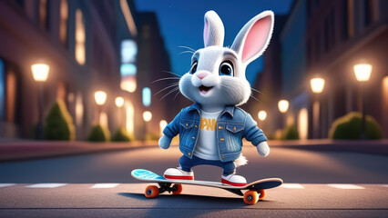 Easter bunny riding a skateboard on the street at night..  Generative AI