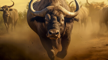 African buffalo charging - obrazy, fototapety, plakaty