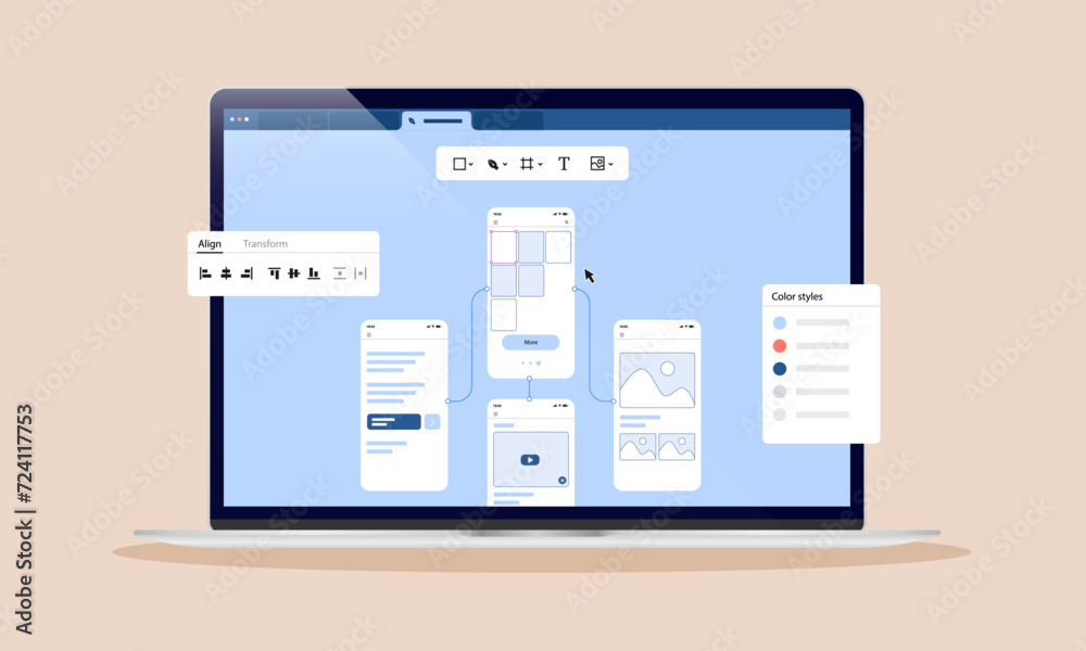 Fototapete Prototype of website or application on computer screen - Prototyping work creating sketch and wireframe on laptop in flat design, front view vector illustration
