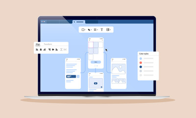 Prototype of website or application on computer screen - Prototyping work creating sketch and wireframe on laptop in flat design, front view vector illustration - obrazy, fototapety, plakaty