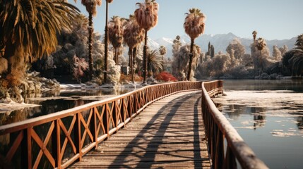 Beautiful winter landscape with wooden bridge and palm trees