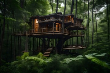 Amazing wooden house in the green forest.