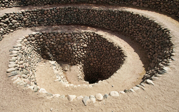 Cantalloc aqueduct in the city of Nazca or Nazca, aqueducts or wells in the shape of a spiral or, Peru, Inca architecture and culture.