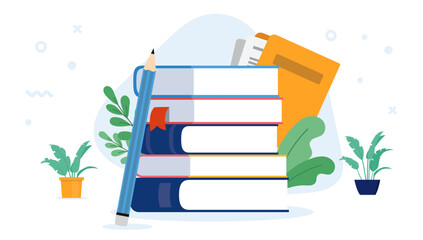 Education graphic - Vector illustration of educational stack of school books with pencil. Lecture, course and class concept in flat design with white background