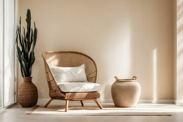 Beige wall mockup set in a boho-inspired room interior, accompanied by a wicker armchair and a vase. Bathed in natural daylight streaming through a window, creating an inviting atmosphere.