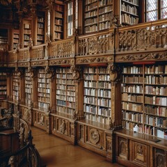 ornate wooden shelves filled with books in an old library