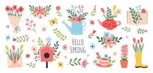 Set of spring hand drawn elements. Floral decor. Flowers, branches, bouquets, watering can, teapot, birdhouse. Spring holidays. Perfect for Valentine's Day, Women's Day, Easter, Mother's Day. © Anna Bova