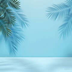 Fototapeta na wymiar Blurred shadow from palm leaves on the light blue wall. Minimal abstract studio background for product presentations. Spring and summer. AI generated illustration