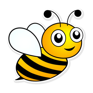 Bee sticker. Cartoon happy honeybee. Vector illustration isolated on white.