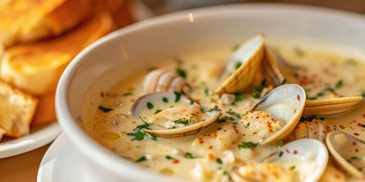 Creamy Clam Chowder with Fresh Parsley. Close-up of creamy New England clam chowder garnished with parsley in a bowl.