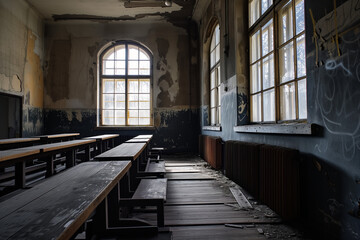 An empty, dark, abandoned classroom with old tables, desks and benches, tall windows, shabby walls, garbage and dirt on the floor