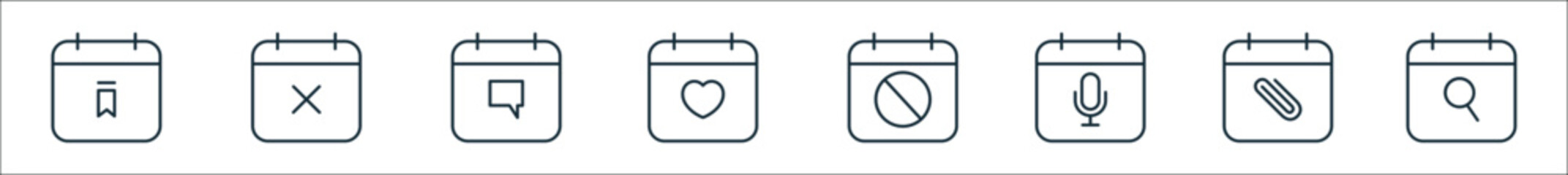 outline set of calendar line icons. linear vector icons such as save, cancel event, message, valentines day, blocked, microphone, attach, search - obrazy, fototapety, plakaty