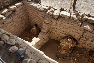 The Chauchilla Cemetery near Nazca (Peru) with its dozens of tombs, where you can observe the...