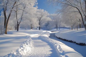 Fototapeta premium A snow-covered park with a winding path
