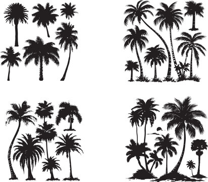 Black silhouette palm trees set on white background