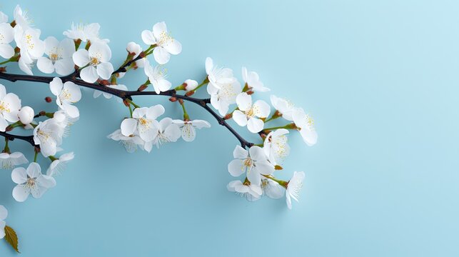 Elegance in Bloom: Close-up view of a white cherry branch flat laying, perfect for a banner with free space for text.