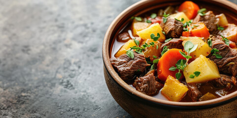 Savory Beef Stew with Potatoes and Carrots. Rich beef stew with tender chunks of meat, potatoes, and carrots, garnished with fresh thyme, copy space.