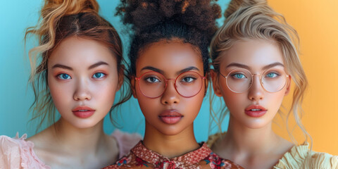 Illustration with multiracial women of different nationalities and religions. International Women's Day, Women's Equality Day, Girls power, diversity, feminism, concept with diverse women faces. - obrazy, fototapety, plakaty