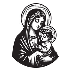 Virgin Mary with baby Jesus in her arms.
Vintage vector engraving illustration. Black and white color. isolated object. Icon, round logo, emblem