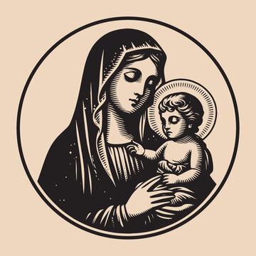 Virgin Mary with baby Jesus in her arms.
Vintage vector engraving illustration. Black and white color. isolated object. Icon, round logo, emblem