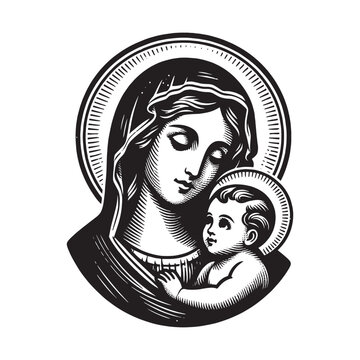 recommend clip art: Virgin Mary with baby Jesus in her arms.
                    Vintage vector engraving illustration. Black and white color. isolated object. Icon, round logo, emblem