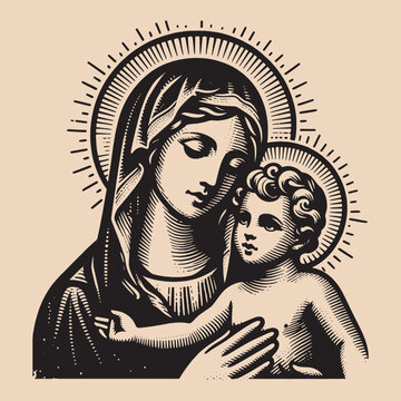 recommend clip art: Virgin Mary with baby Jesus in her arms.
                    Vintage vector engraving illustration. Black and white color. isolated object. Icon, round logo, emblem