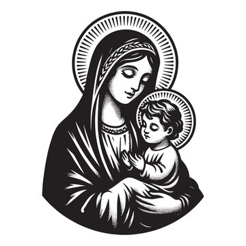 recommend clip art: Virgin Mary with baby Jesus in her arms.
                    Vintage vector engraving illustration. Black and white color. isolated object. Icon, round logo, emblem