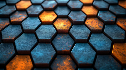Motif numérique d'hexagones sur fond abstrait, bleu profond et lueur orange - obrazy, fototapety, plakaty