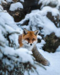 Fuchs blickt in die Kamera im Winter bei Schnee hinter Baum