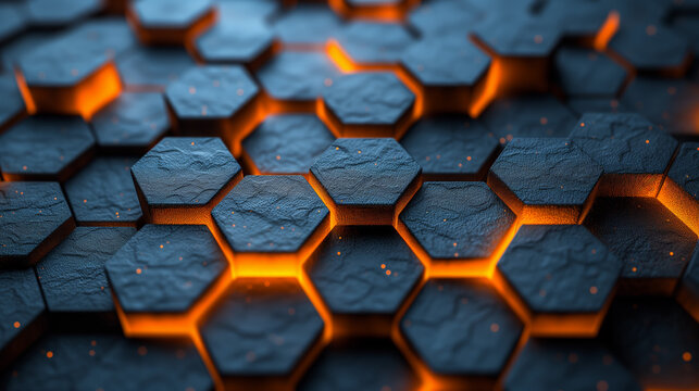 Motif num&eacute;rique d'hexagones sur fond abstrait, bleu profond et lueur orange