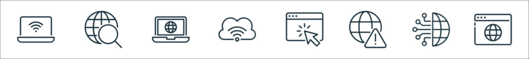 outline set of internet line icons. linear vector icons such as wifi connection, searching, internet browser, cloud connection, browser, error, social network, website - obrazy, fototapety, plakaty
