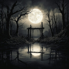 moon over the lake, gallows at night