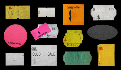 collection of blank old sticker, label, price tag template for mockup. isolated dirty, ripped, half peeled stickers