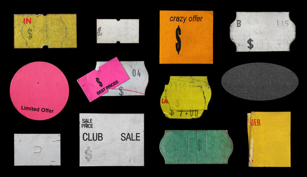 collection of blank old sticker, label, price tag template for mockup. isolated dirty, ripped, half peeled stickers