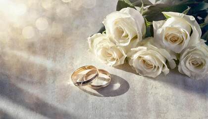 Wedding anniversary, pair of wedding rings, white roses, copyspace on a side