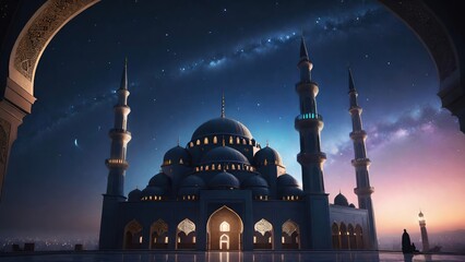 Mosque Silhouette Under Starry Night Sky. Suitable for Ramadan concept, Islamic concept, Greeting card, Wallpaper, Background, Illustration, etc 