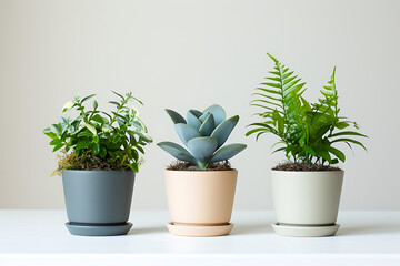 three small potted plants on a white surface in