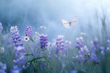 White butterfly in a field of purple flowers
