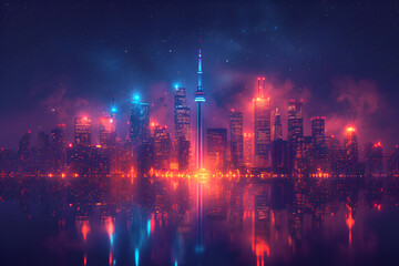 Luminous outlines of a city skyline embraced by mesmerizing neon lights isolated on black background. Created with generative AI. - obrazy, fototapety, plakaty