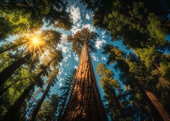 Sunburst through towering sequoia trees in a dense forest, showcasing a mix of green foliage and blue sky
