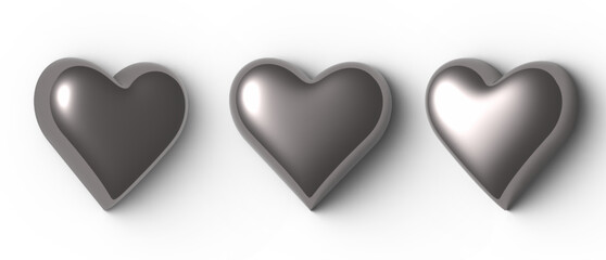 3D glossy silver metal hearts with shadow. St Valentines day graphic elements.