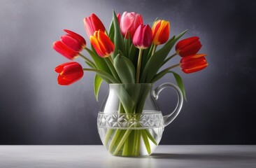 Valentine's Day, Mother's Day, National Grandmothers Day, International Women's Day, bouquet of red tulips in a glass vase, dark gray background