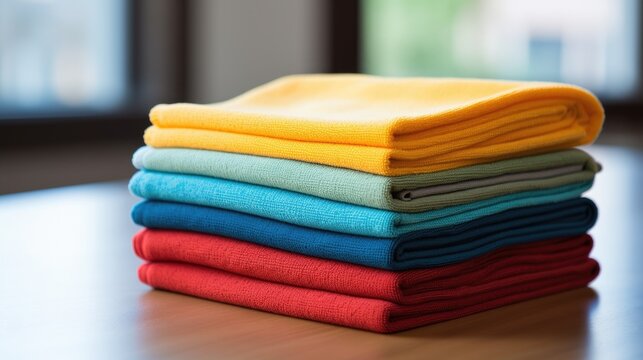 Colorful Clean: Closeup of dry microfiber cloths for cleaning various surfaces. Vibrant colors add a touch of cleanliness to your household