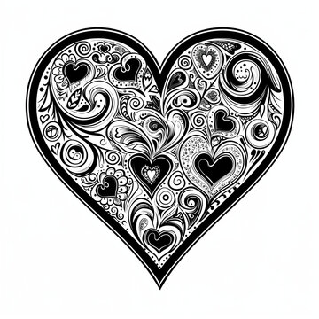 Sticker, black and white heart with zentangle patterns on white background, generated AI